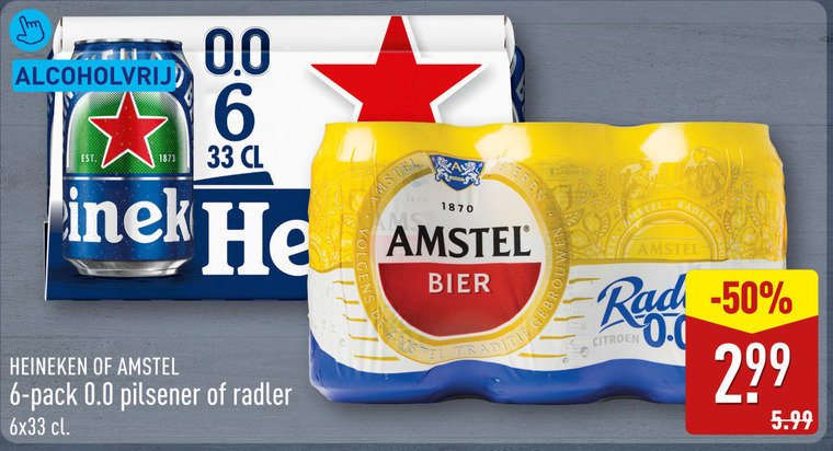 heineken 0.0 amstel blikjes bier radler 6 33 1870 radi citroen 5.99 pack pilsener folder aanbieding bij Aldi Heineken 0.0 blikje bier, radler bier folder aanbieding bij Aldi - details
