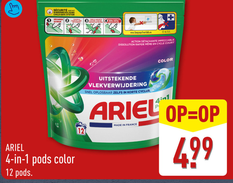 ariel wasmiddel 1 4 12 enfant kinderbeveiliging child safe system scheur zoek color action impeccable cycle vlekverwijdering oplosbaar korte cyclus 4in1 france folder aanbieding bij Aldi Ariel wasmiddel folder aanbieding bij Aldi - details