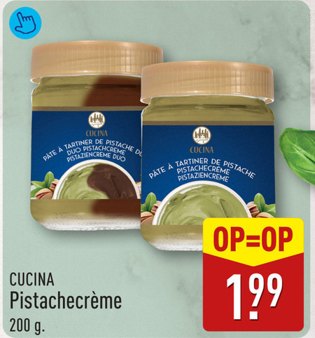 hazelnootpasta 200 cucina tartiner pistache duo folder aanbieding bij Aldi
