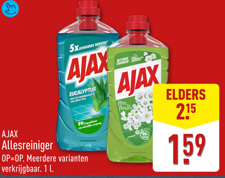 ajax allesreiniger 1 99 240 werking eucalyptus hardnekkigste vuil natuurlijke oorsprong meerdere l intense verspreiding des fleurs elders folder aanbieding bij Aldi Ajax allesreiniger folder aanbieding bij Aldi - details