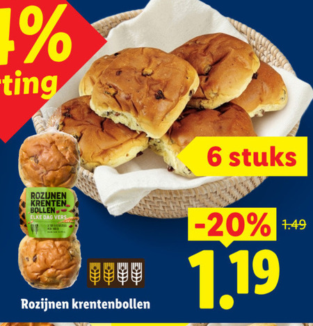 krentenbollen 6 rozijnen krenten bollen dag vers stuks folder aanbieding bij Lidl