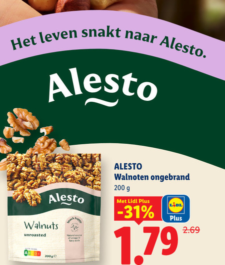alesto walnoten 200 leven snack natural happy omega ongebrand folder aanbieding bij Lidl Alesto walnoten folder aanbieding bij Lidl - details