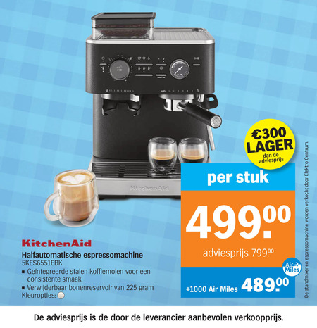 espressoapparaat 1 225 300 r kitchenaid hold stuk espressomachine stalen koffiemolen consistente air miles verwijderbaar bonenreservoir kleuropties 1000 verkocht elektro folder aanbieding bij Albert Heijn