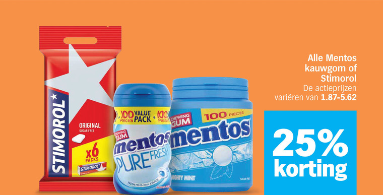 stimorol mentos kauwgom 9 25 100 varieeren 00 pieces pack chewing original sugar free gum fresh mint with mighty re folder aanbieding bij Albert Heijn Mentos kauwgom folder aanbieding bij Albert Heijn - details