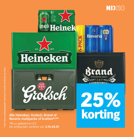 heineken brand grolsch krat bier blikjes 6 13 25 500 aanbieding maximaal kratten dozen bal orig pack vel bavaria pils europa pilsener nix18 b wylre multipacks m.u.v gekoeld 0.0 varieeren folder aanbieding bij Albert Heijn Heineken krat bier, blikje bier folder aanbieding bij Albert Heijn - details