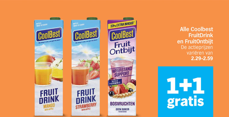 coolbest vruchtensap 1 33 with twist dairy it cool you best coal inhoud fruit ontbijt fruitdrink fruitontbijt varieeren drink mango apple strawberry weerstand support vezels vitamine bosvruchten suiker folder aanbieding bij Albert Heijn Coolbest vruchtensap folder aanbieding bij Albert Heijn - details