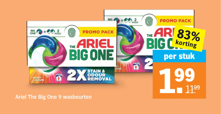 ariel wasmiddel 2 9 big one pack stuk ht bright colours 2x stain odour removal wasbeurten folder aanbieding bij Albert Heijn Ariel wasmiddel folder aanbieding bij Albert Heijn - details