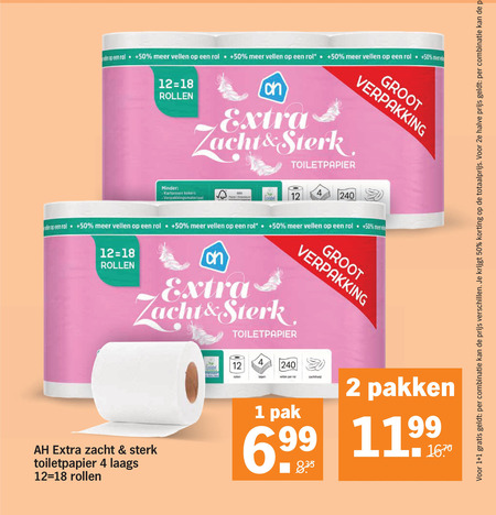 albert heijn huismerk toiletpapier 1 2 4 12 18 50 240 combinatie 2e halve rol vellen rollen zacht minder kokers mix ecolabel lagen zachtheid pak pakken 6 99 folder aanbieding bij Albert Heijn Albert Heijn Huismerk toiletpapier folder aanbieding bij Albert Heijn - details