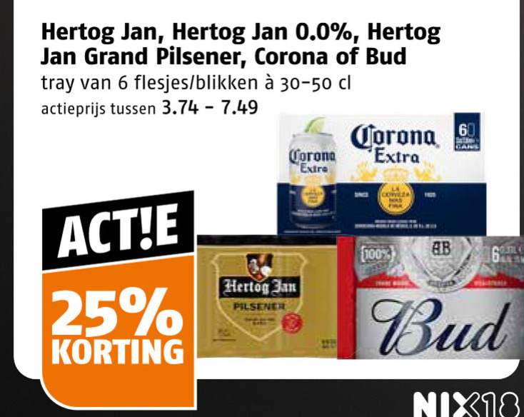 hertog jan bud corona blikjes bier speciaalbieren 6 25 60 100 0.0 grand pilsener tray blikken actieprijs nix18 folder aanbieding bij Poiesz Bud blikje bier, speciaalbier folder aanbieding bij Poiesz - details
