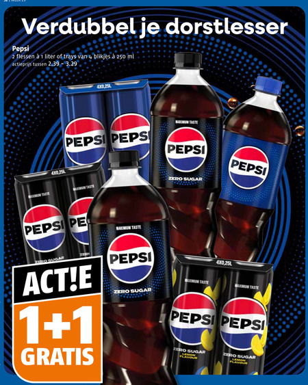 pepsi cola 1 2 4 250 verdubbel dorstlesser flessen liter trays blikjes ml actieprijs taste zero sugar lemon flavour folder aanbieding bij Poiesz Pepsi cola folder aanbieding bij Poiesz - details