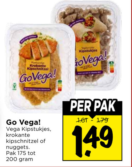 vegetarisch 200 krokante kipschnitzel go vega kipstukjes nuggets pak folder aanbieding bij Vomar
