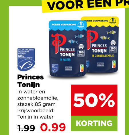 princes tonijn in blik 50 eiwit wit zonnebloemolie gecertificeerd duurzame visserij www.msc.org water stazak folder aanbieding bij Plus Princes tonijn in blik folder aanbieding bij Plus - details