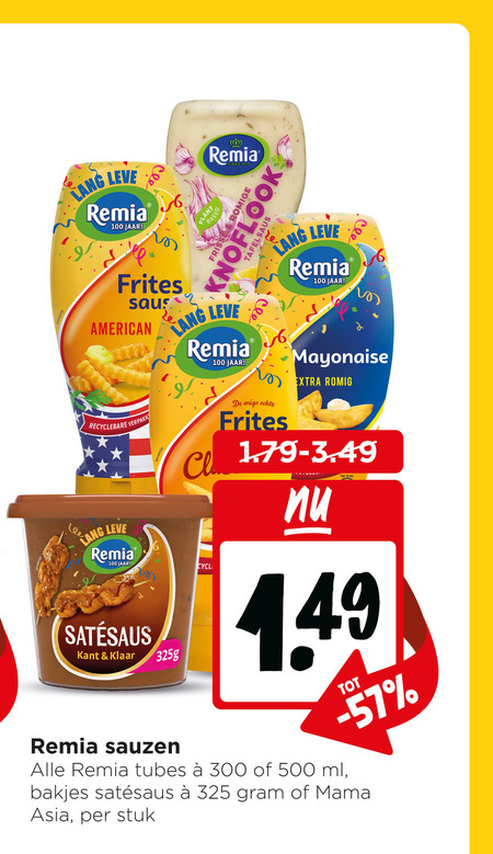 remia satesaus mayonaise snacksaus 100 300 500 jaar frisse romige knoflook tafelsaus frites saus american lang recyclebare kant klaar sauzen cycling enige romig tubes ml bakjes mama asia stuk folder aanbieding bij Jumbo Remia satesaus, snacksaus folder aanbieding bij Jumbo - details