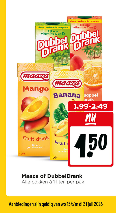 maaza dubbeldrank fruitdrank 1 15 receptuur rijk vitamine dubbel drank mango banana fruit drink go you it des perzik pakken liter pak folder aanbieding bij Jumbo Maaza fruitdrank folder aanbieding bij Jumbo - details