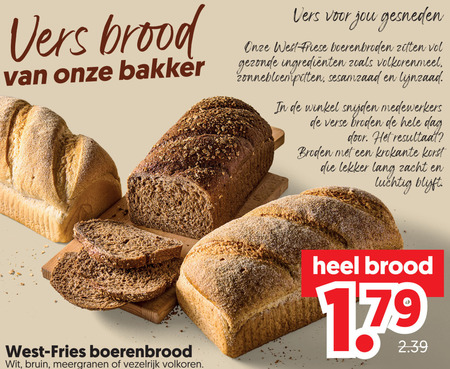 brood vers bakker gesneden west friese boerenbroden zitten volkorenmeel zonnebloempitten sesamzaad lijnzaad snijden verse broden dag resultaat krokante korst lang zacht luchtig fries boerenbrood wit bruin meergranen vezelrijk volkoren folder aanbieding bij Dekamarkt