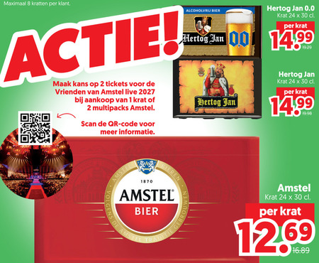 amstel hertog jan alcoholvrij bier krat 1 2 8 24 30 1870 maximaal kratten 0.0 00 kans tickets vrienden live multipacks scan code 14 99 bieren traditie folder aanbieding bij Dekamarkt Amstel alcoholvrij bier, krat bier folder aanbieding bij Dekamarkt - details