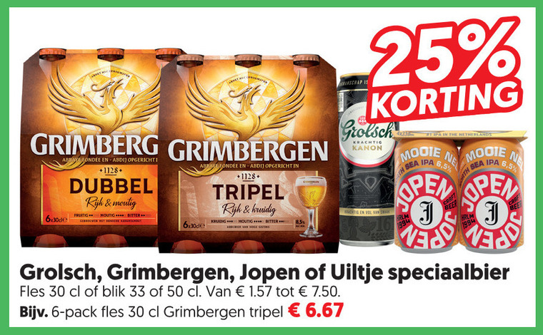 jopen grimbergen grolsch uiltje speciaalbieren 6 25 30 33 50 grunberg abdij 1128 dubbel rijk moutig fruitig bitter gebouwen boeren abbaye tripel kruidig kanon tipa netherlands sea 5 speciaalbier fles blik pack folder aanbieding bij Dekamarkt Jopen speciaalbier folder aanbieding bij Dekamarkt - details