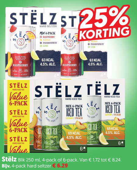 stelz hard seltzer 4 6 25 45 69 250 mix pack raspberry mango passionfruit lime alcohol infused sparkling water with hint natural sweeteners ml iced tea lemon peach 6x blik folder aanbieding bij Dekamarkt Stelz hard seltzer folder aanbieding bij Dekamarkt - details
