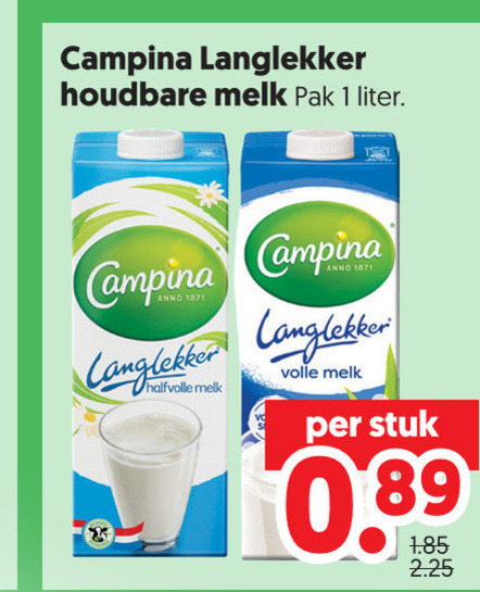 campina melk 1 langlekker houdbare pak liter halfvolle volle stuk folder aanbieding bij Dekamarkt Campina melk folder aanbieding bij Dekamarkt - details
