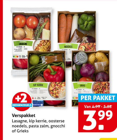 groentenpakket italiaanse lasagne noedels 25mm 2 kip kerrie milk verspakket oosterse pasta zalm gnocchi grieks eenpansgerecht pakket folder aanbieding bij Hoogvliet