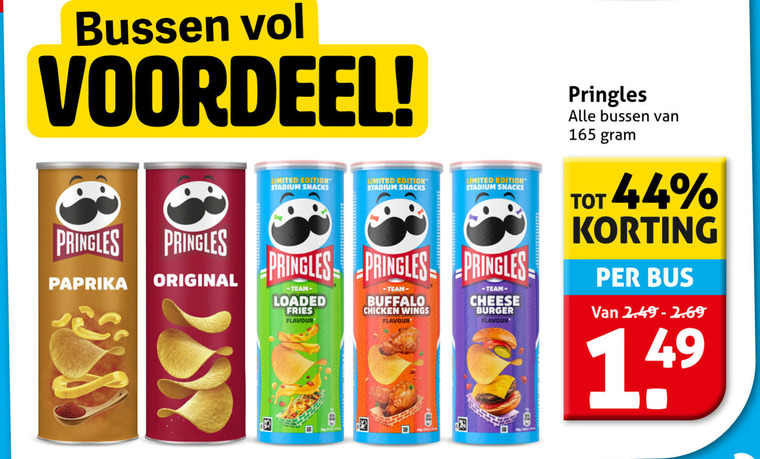 pringles chips 44 bussen voordeel limited edition stadium snacks paprika original loaded fries flavour buffalo chicken wings cheese burger bus folder aanbieding bij Hoogvliet Pringles chips folder aanbieding bij Hoogvliet - details