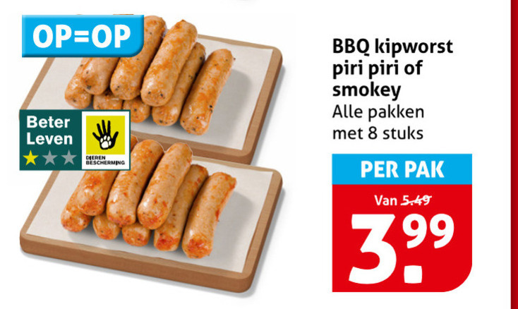 barbecuevlees 8 beter leven dieren bescherming bbq kipworst piri smokey pakken stuks pak 3.99 folder aanbieding bij Hoogvliet