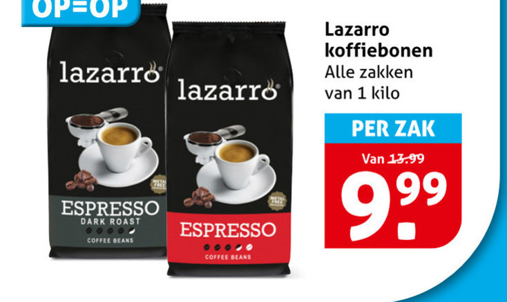 lazarro koffiebonen 1 espresso dark roast coffee beans metal zakken kilo zak folder aanbieding bij Hoogvliet Lazarro koffiebonen folder aanbieding bij Hoogvliet - details