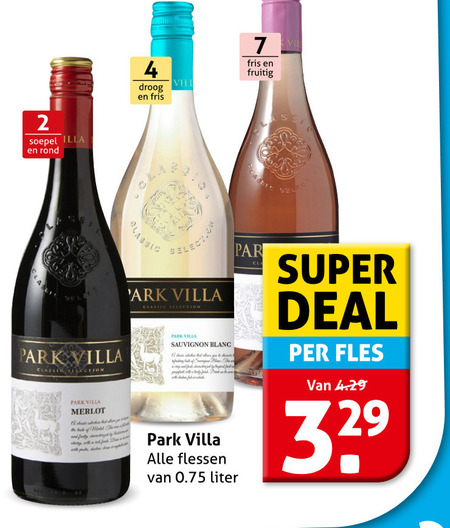 witte wijn rose rode 2 4 7 soepel rond droog fris vilten fruitig sel park villa merlot ark classic selection sauvignon blanc flessen liter super deal fles folder aanbieding bij Hoogvliet