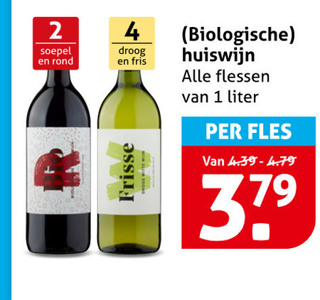 rode wijn witte 1 2 4 soepel rond droog fris frisse droge biologische huiswijn flessen liter fles folder aanbieding bij Hoogvliet