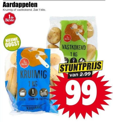 aardappelen 1 99 kruimig vastkokend zak kilo nieuwe oogst koken stampen frituren folder aanbieding bij Dirk