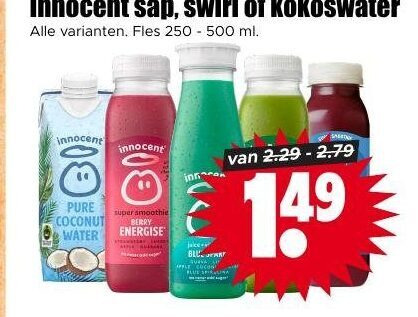 innocent fruitsmoothie 250 500 sap swirl kokoswater fles ml coconut water super smoothie berry energise inno folder aanbieding bij Dirk Innocent fruitsmoothie folder aanbieding bij Dirk - details