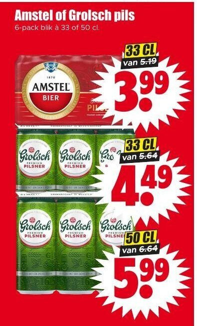 grolsch amstel blikjes bier 6 33 50 1870 pils pack blik 3.99 pilsner 5.99 folder aanbieding bij Dirk Amstel blikje bier folder aanbieding bij Dirk - details