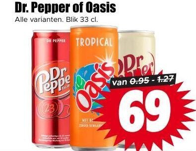 dr pepper cola frisdrank 33 69 dr. oasis blik pepperoni tropical folder aanbieding bij Dirk Dr Pepper frisdrank, cola folder aanbieding bij Dirk - details