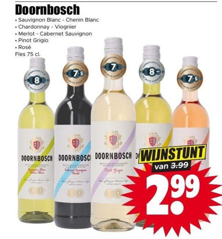 rode wijn rose witte 8 sauvignon blanc chenin chardonnay merlot cabernet pinot grigio rosee fles doorn bosch wine western cap origin 3.99 folder aanbieding bij Dirk