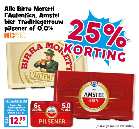 birra moretti amstel krat bier 18 24 25 30 1870 traditiegetrouw pilsener 0.0 ricetta 6x 330ml folder aanbieding bij Boons Markt Amstel krat bier folder aanbieding bij Boons Markt - details