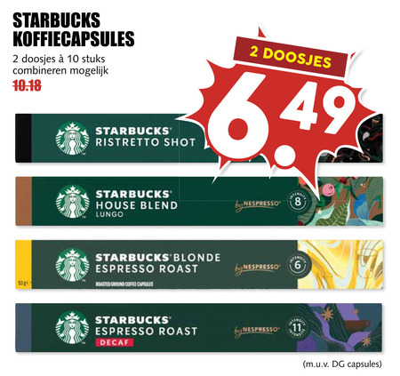 starbucks koffiecups 2 6 8 10 11 koffiecapsules doosjes stuks combineren ristretto shot house blend nespresso lungo blonde espresso roast roasted ground coffee capsules by decaf folder aanbieding bij MCD Supermarkt Basis Starbucks koffiecups folder aanbieding bij MCD Supermarkt Basis - details