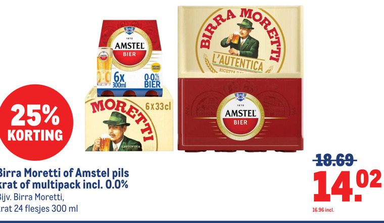 amstel birra moretti krat bier alcoholvrij 24 25 300 1870 300ml 0.0 pils multipack ml ricetta folder aanbieding bij Makro Birra Moretti krat bier, alcoholvrij bier folder aanbieding bij Makro - details