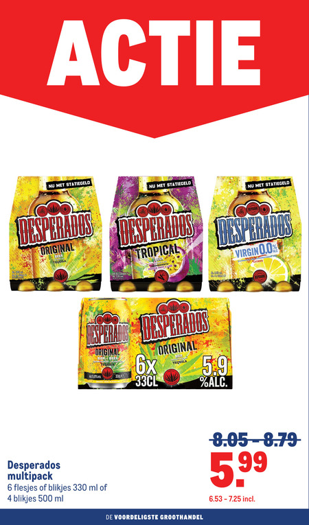 desperados speciaalbieren 1 4 6 25 330 500 5 original beer flavoured with tequila 9 20x tropical passion fruit lime 330ml virgin 0.0 alcohol gearomatiseerd citrus bier 6x multipack blikjes ml groothandel 5.99 folder aanbieding bij Makro Desperados speciaalbier folder aanbieding bij Makro - details