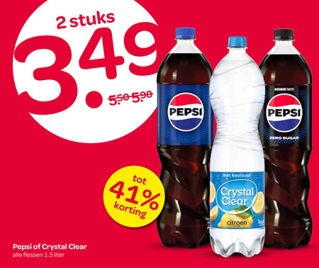 pepsi crystal clear fruitdrank cola 2 stuks flessen liter koolzuur citroen taste zero sugar folder aanbieding bij Spar Crystal Clear cola, fruitdrank folder aanbieding bij Spar - details
