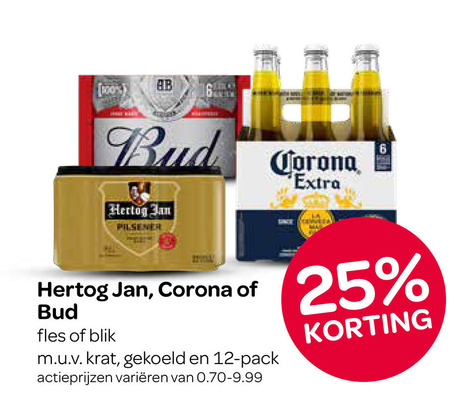 hertog jan corona bud speciaalbieren blikjes bier 6 12 25 100 parking pilsener fles blik krat gekoeld pack varieeren la folder aanbieding bij Spar Bud speciaalbier, blikje bier folder aanbieding bij Spar - details