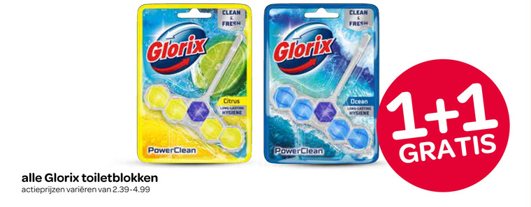 glorix toiletblok 1 clean fresh toiletblokken varieeren citrus ocean hygiene folder aanbieding bij Spar Glorix toiletblok folder aanbieding bij Spar - details
