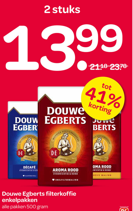 douwe egberts koffie 2 500 stuks douw joure meester koffiebranders evenwichtig aroma rood rond joline oma maling cape snelfiltermaling filterkoffie enkelpakken pakken download folder aanbieding bij Spar Douwe Egberts koffie folder aanbieding bij Spar - details