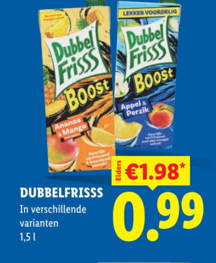 dubbelfrisss fruitdrank dubbel frisss boost ananas mango appel perzik heer verfris board 1 5 folder aanbieding bij Lidl Dubbelfrisss fruitdrank folder aanbieding bij Lidl - details