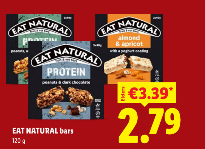 mueslirepen 120 peanuts 3x40g natural fruit bars protein dark chocolate almond apricot with yoghurt coating elders folder aanbieding bij Lidl