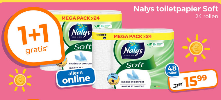 nalys toiletpapier 1 24 48 80 mega pack soft resistant hygiene comfort online rollen folder aanbieding bij Trekpleister Nalys toiletpapier folder aanbieding bij Trekpleister - details