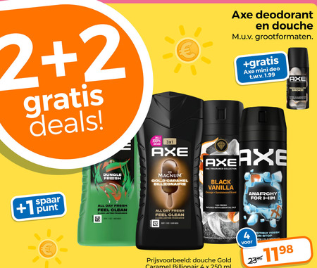 axe douchegel deodorant 2 4 23 100 250 deals jungle fresh magnum gold caramel billionaire 1 spaar punt all day feel clean lasting fragrance douche grootformaten mini deo t.w.v. fine collection black vanilla orange sandalwood scent anarchy for 72h infused with essential oils smoke premium ml stop loss folder aanbieding bij Trekpleister Axe deodorant, douchegel folder aanbieding bij Trekpleister - details