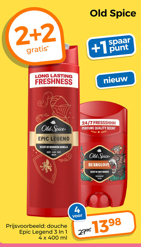 old spice deodorant douchegel 1 2 3 4 27 400 spaar punt lasting freshness epic legend scent bourbon vanilla body hair face wash 24 7 perfume quality juicy berries stick douche ml folder aanbieding bij Trekpleister Old Spice deodorant, douchegel folder aanbieding bij Trekpleister - details
