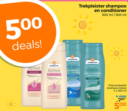 trekpleister huismerk conditioner shampoo 4 300 500 5 deals ml repair herstelt haar haarstructuur nti verzorging hoofdhuid kokos exotische geurbeleving haartypen keratine extract pro vitamine b folder aanbieding bij Trekpleister Trekpleister Huismerk conditioner, shampoo folder aanbieding bij Trekpleister - details