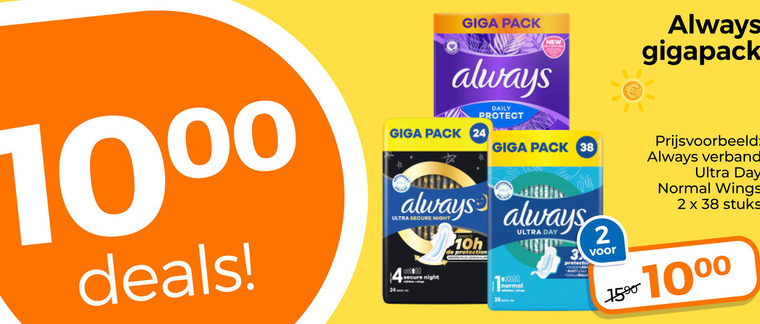 always maandverband 2 24 1000 1500 giga pack new gigapack deals ultra secure night vapura protection la daily protect normal day verband wings stuks folder aanbieding bij Trekpleister Always maandverband folder aanbieding bij Trekpleister - details