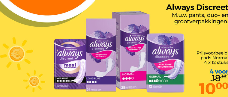 always incontinentieverband 4 6 12 24 28 1836 discreet pants duo urineverlies maxi bescherming fuites urinaires protection integrale nacht verbanden normal slips protege pads stuks 10 folder aanbieding bij Trekpleister Always incontinentieverband folder aanbieding bij Trekpleister - details